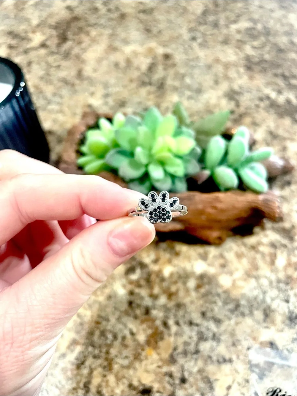 Black Rhinestone Paw Print Ring